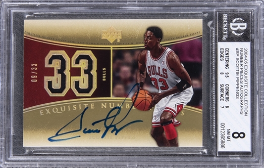2004-05 UD "Exquisite Collection" Number Pieces Autographs #SP Scottie Pippen Signed Game Used Patch Card (#09/33) – BGS NM-MT 8/BGS 8